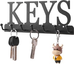 Decorative Key Hooks for Wall – 7 Hook Black Metal Organizer Hanger – 10 Inch