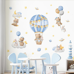 Blue Hot Air Balloon Wall Stickers Cartoon Bear Rabbit Stars Planets Wall Dec…