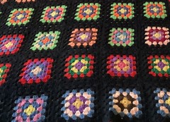 Vibrant Black, Red & Multi Colors 69X38 Granny Square Afghan Throw Crochet Knit