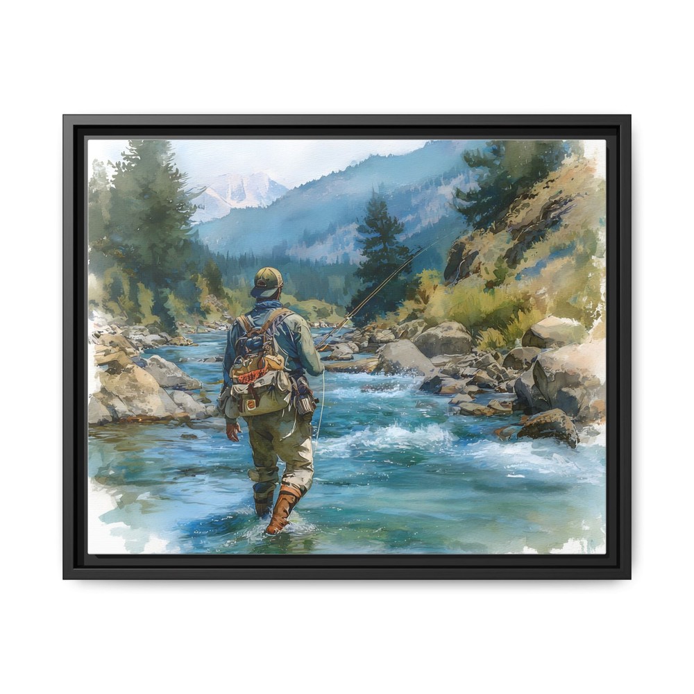 Upper Michigan Fly Fishing Scene Framed Canvas Art, Fishing Decor