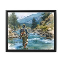 Upper Michigan Fly Fishing Scene Framed Canvas Art, Fishing Decor