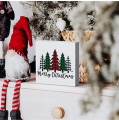 Merry Christmas Plaid Trees Wooden Box Sign Plaque 5x5in White Hollow Back Decor