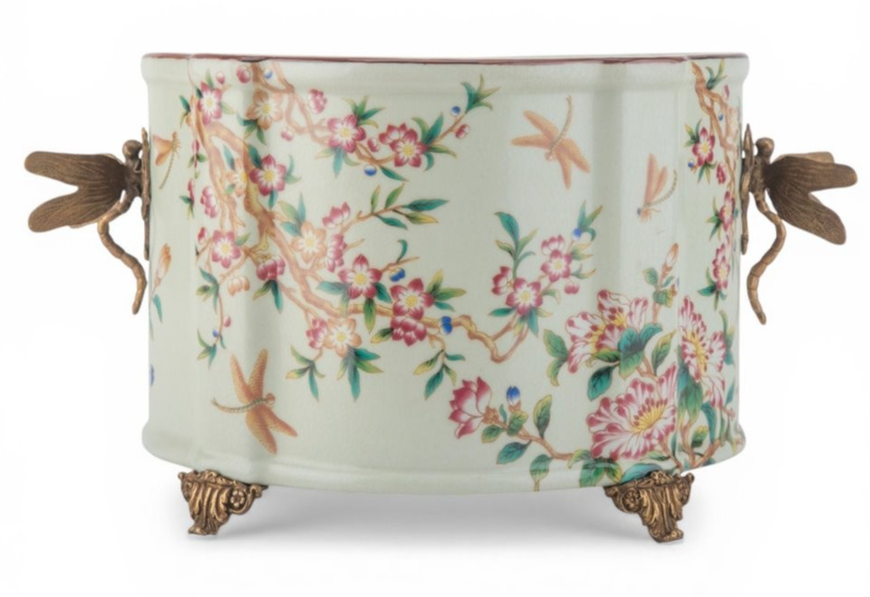 Porcelain Oval Planter with Ormolu Dragonfly Handles-Floral Vine-14» x 8»H