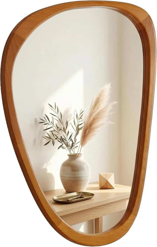 30″x20″ Solid Wood Asymmetrical Mirror, Japandi Boho Organic Shape, Warm Walnut