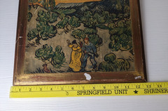 Landscape w/couple walking Crescent moon Van Gogh repro on wood plaque as is
