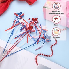 12 Pcs 4th of July Glitter Star Picks 8″ Puffy Sparkly Sticks with Bowknot (Red)