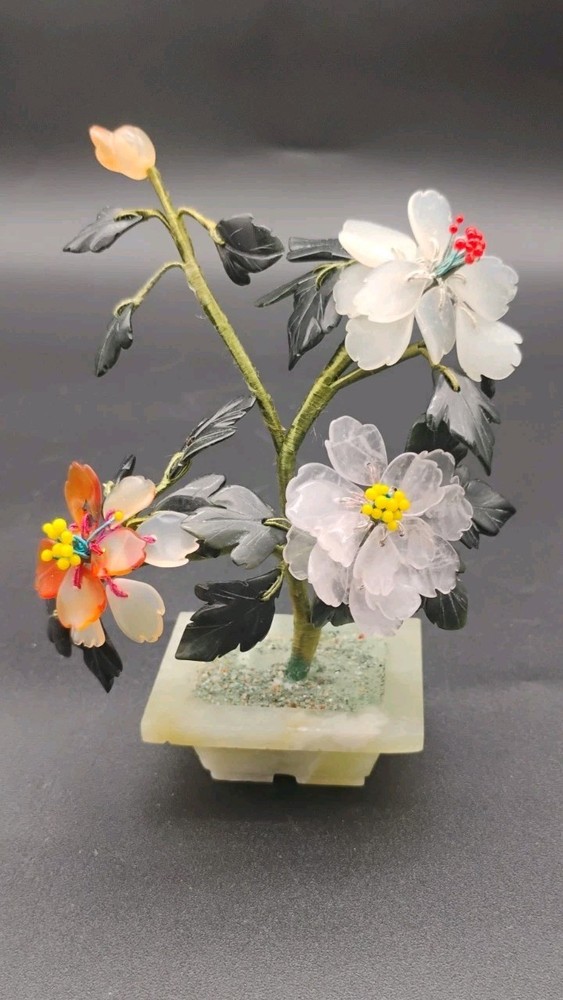 Carved Chinese Jade Crystal Hardstone Flowers Leaves & Planter Small 4 1/2″ Tall