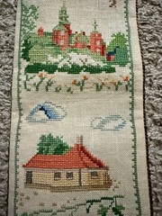 42 in VTG Norwegian Cross Stitch Wall Hanging Brass Accents Cording Finish Lined