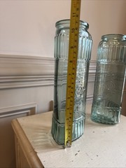 Two Turquoise 3-sided Storage Jars Embossed Design Glass 11.5″
