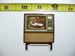 RETRO WOMAN ON SPORTS CAR SMALL STICKER DECAL SCREEN IMAGE OLD TV FUNNY