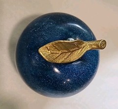 Italian Blue Marble Apple Solid w/Brass Leaf 1960s Paperweight 4″ Shelf Decor