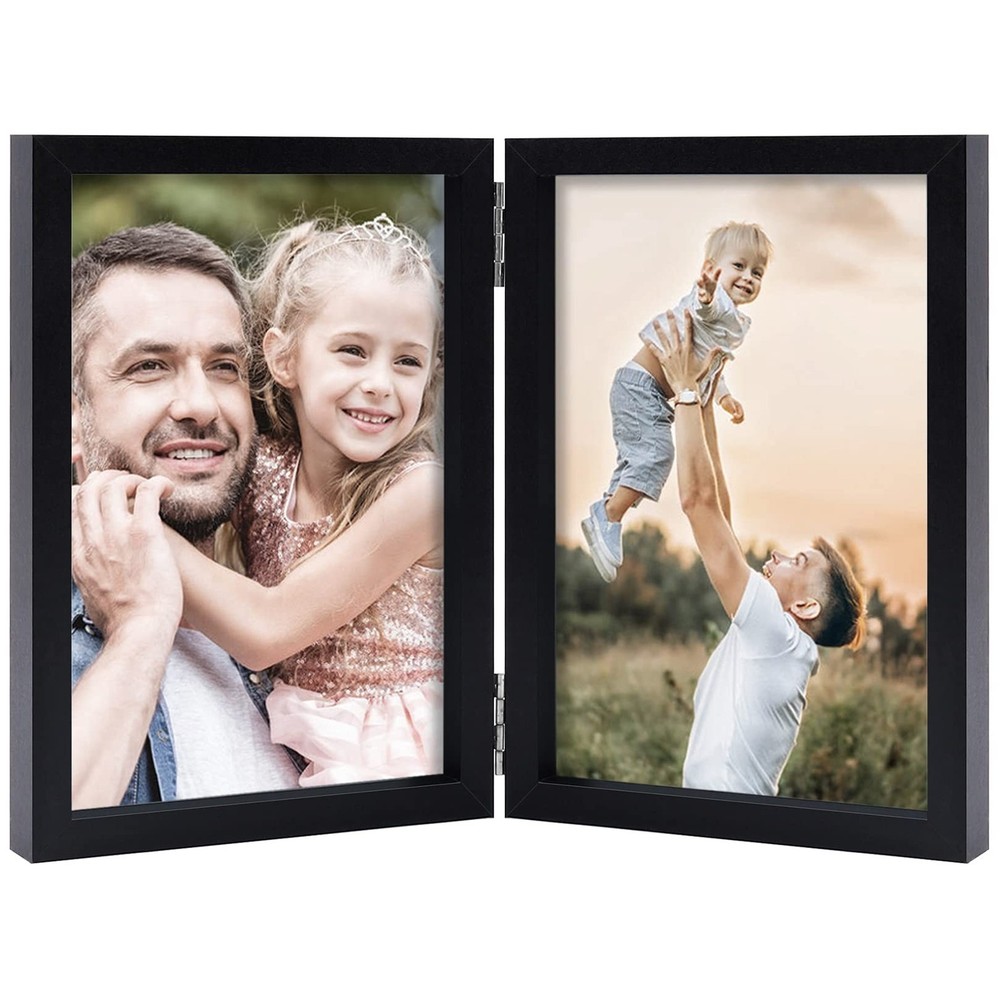 4×6 Double Picture Frames Hinged MDF Wood with Real Glass Stand Vertical on T…