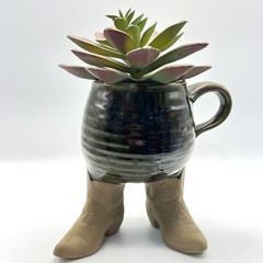 VTG 1981 Five Bridges Art Pottery Cowboy Boot Mug, Hat Vessel Set Western Whimsy