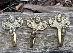 Small Vintage Brass Cherub Angel Wall Hooks Ornate Hollywood Regency Decor X3