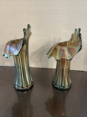 Gorgeous Antique Westmoreland Iridescent Carnival Glass Vase Corinth Teal Green