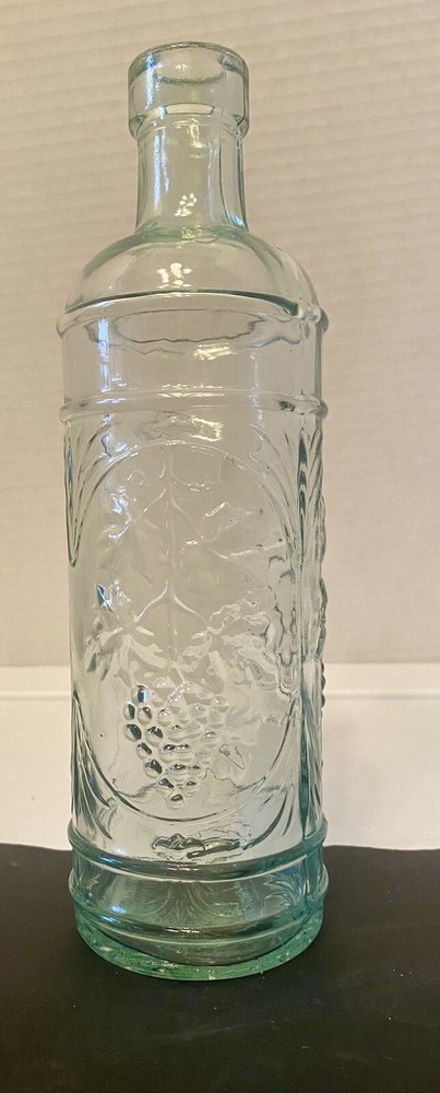 La Mediterranean BLOWNGREEN GLASS WINE BOTTLE EMBOSSED GRAPES 9in- 1L