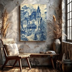 Wall Art Gothic Victorian Mansion Print Blue Toile Style House Landscape Decor