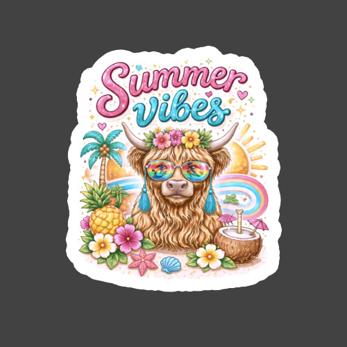 Highland Cow Sticker Vinyl Decal Summer Vibes Tropical Beach Cow Gift