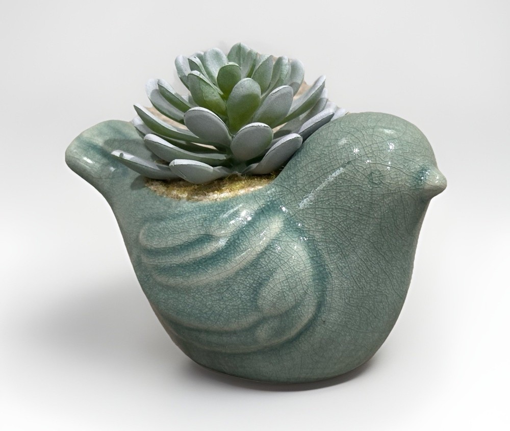 Ceramic Bird Figurine Succulent Planter With Faux Plant & Crackle Glaze Finish
