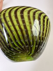 Mid-Century Murano Green and Brown Stripe Art Glass Bowl with Controlled Bubbles
