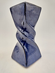 Dark Blue Mottled Rectangle Twist Clay Ceramic Pottery Vase New Old Stock