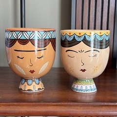 2X Woman Head Shaped Ceramic Planter Art Deco 4 1/8” X 3 1/4” Frida Kahlo NWT