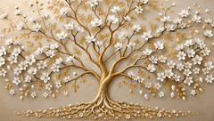 Luxury Golden Magnolia Tree Canvas Wall Art Floral Tree Mixed Media Artwork Eleg