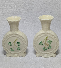2 Belleek Ireland Shamrock Scent Spill Vases Fine Parian Porcelain 4″ H