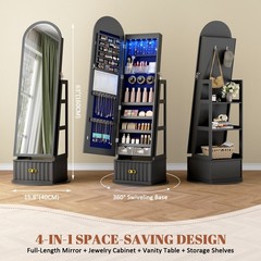 Floor Standing Jewelry Cabinet with LED Lights, 360° Rotating Jewelry Organizer
