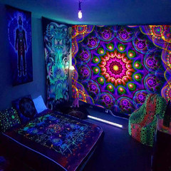 UV Reactive Mandala Tapestry Blacklight Trippy Boho Wall Decor 60×50 Inch
