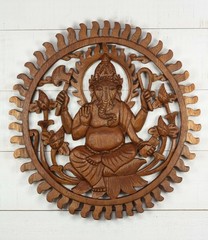 Hand Carved Wooden Ganesha Sunburst Wall Panel – Hindu Elephant God Lotus Art