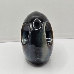 Modern Glazed Ceramic Offset Donut Hole Blues Bud Vase 6″ Asymmetrical Abstract