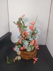 Vintage Unique Whimsical Woven Wood Wicker Basket With Pink Colors Faux Flowers