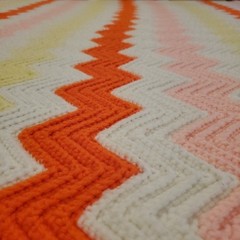 Hand Crochet Afghan Blanket Pink White Orange Yellow Chevron ZigZag Retro 68×58