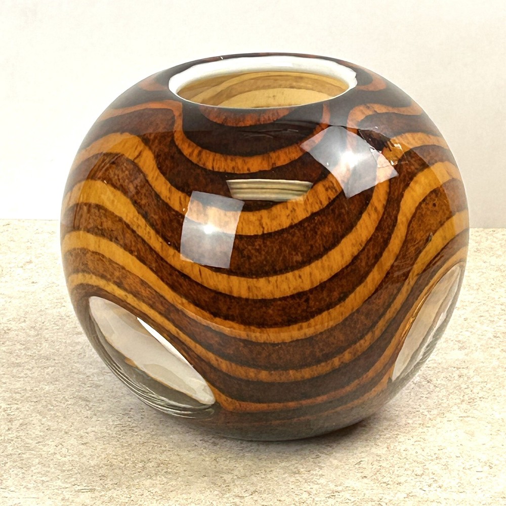Blown Art Glass Round Fisheye Tiger Stripe Vase 3 Cut to Clear Windows HGT