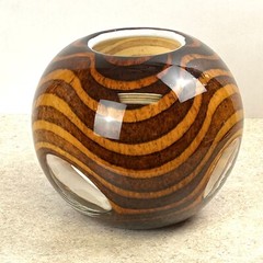 Blown Art Glass Round Fisheye Tiger Stripe Vase 3 Cut to Clear Windows HGT