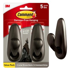 Command 5 lb Large Oil Rubbed Bronze Metal Hooks, 2 Coat Hooks Large,