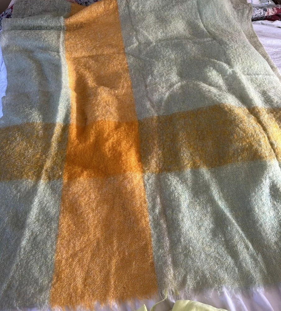 Donegal Design Throw Blanket Scarf Mohair Wool Handwoven Ireland Yellow Green