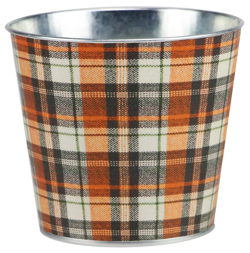 Farmhouse Fall Plaid Tin Pot – 5″ Diameter, 5″ Tall, Orange, Cream & Brown Plaid