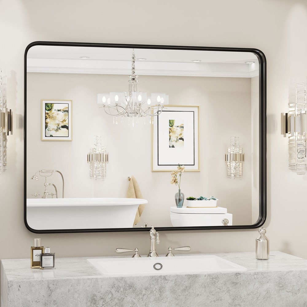 Modern Rectangle Vanity Bathroom Mirror Metal Frame, Round Corner, Wall Decor