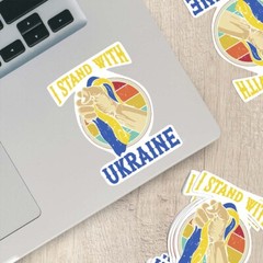 I Stand with Ukraine – Raised Fist Holding Ukrainian Flag Sticker