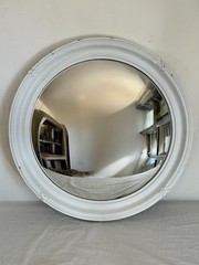Vintage Round Wood Convex Mirror Painted White with X Accent Farmhouse Country