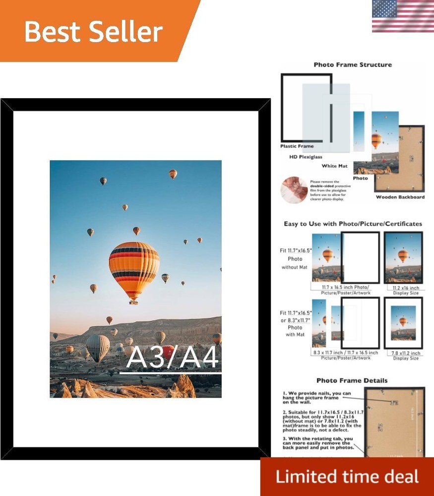 Lightweight Black Plastic Photo Frame with Plexiglass – Easy Installation