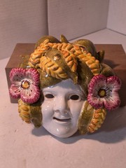 Italy Handmade Ceramic Bacchus Face Wall Mask w/ Flowers & Fruit Majolica