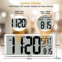 Large Digital Wall Clock with Backlight, 16.9 Inch Jumbo LCD Screen with Time…