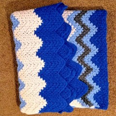 Afghan Throw Handmade ZigZag Blues Gray White Easy Care 42″ x 52″ Medium Weight
