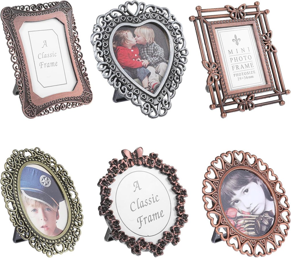 6 Pcs Mini Vintage Picture Frame,1 Inch Wallet Size Picture Frames Tiny Metal Pi