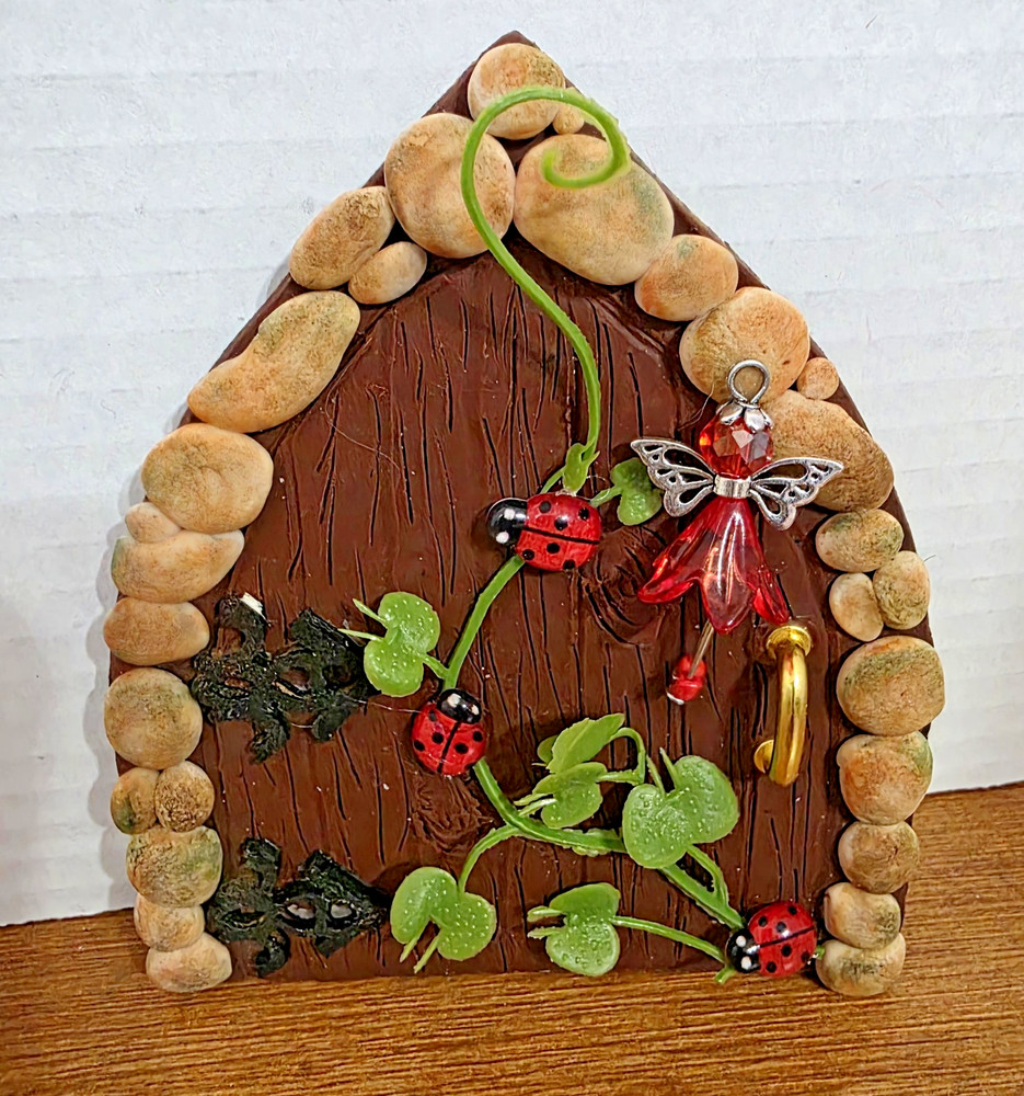 Handcrafted Polymer Clay Over Reclaimed Cedar Shingle Features Ladybugs & Fairy