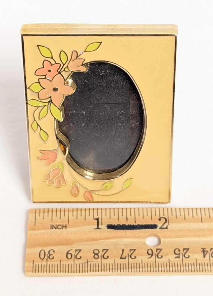 Vtg Hallmark Miniature Brass Enamel Picture Frame Ivory Pink Floral 1981