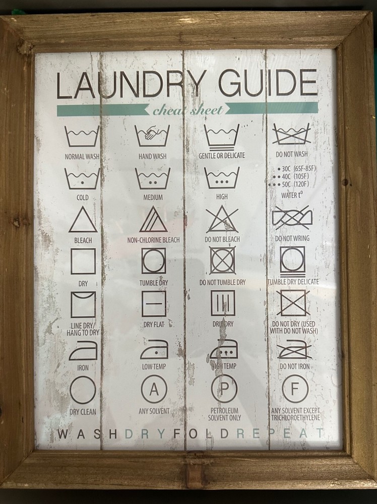 Laundry Room Clothing Care Symbols Instructions Framed Wall Chart 12″ x 16″